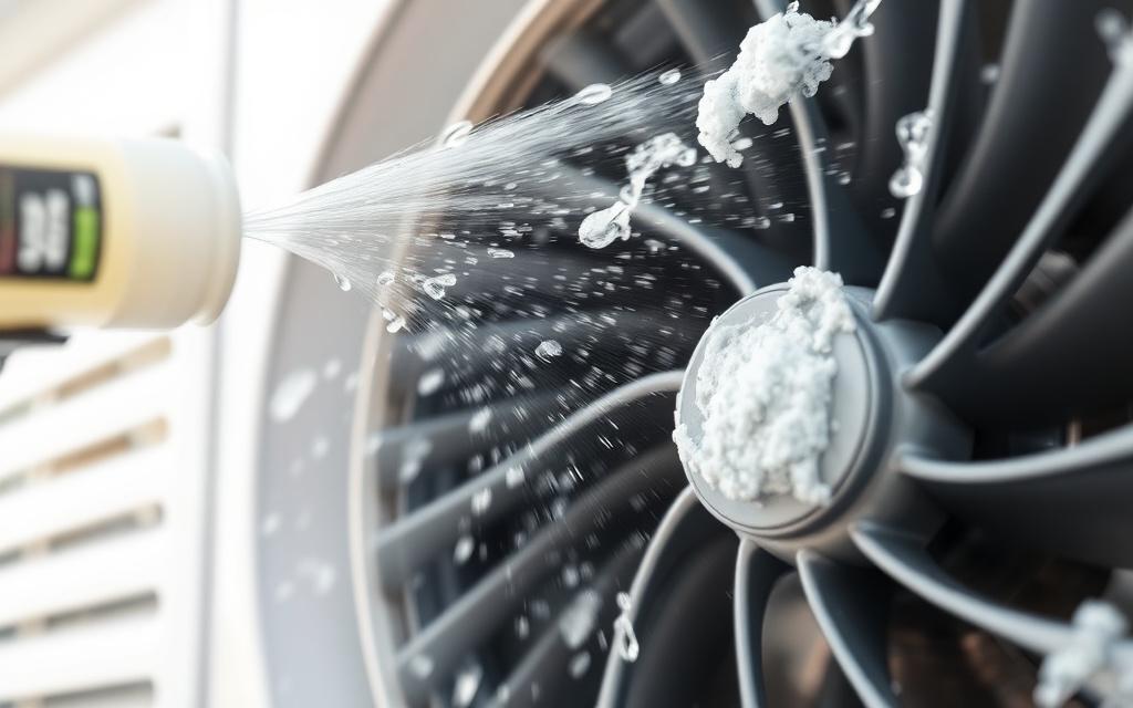 Aircon coil being rinsed after a chemical bath during an overhaul