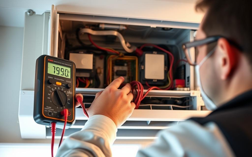 Technician probing an aircon control board to trace an electrical fault