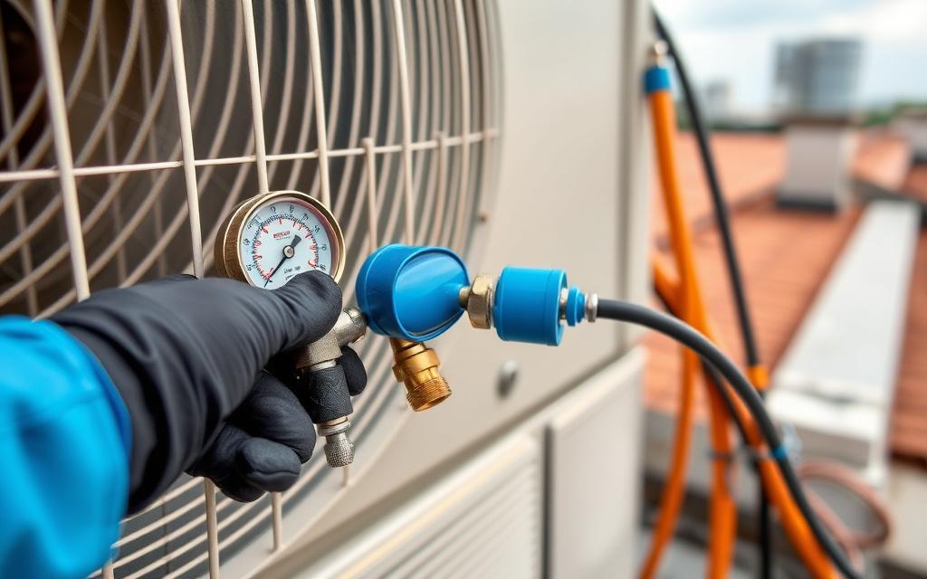 Manifold gauges connected to a condenser service port during leak testing