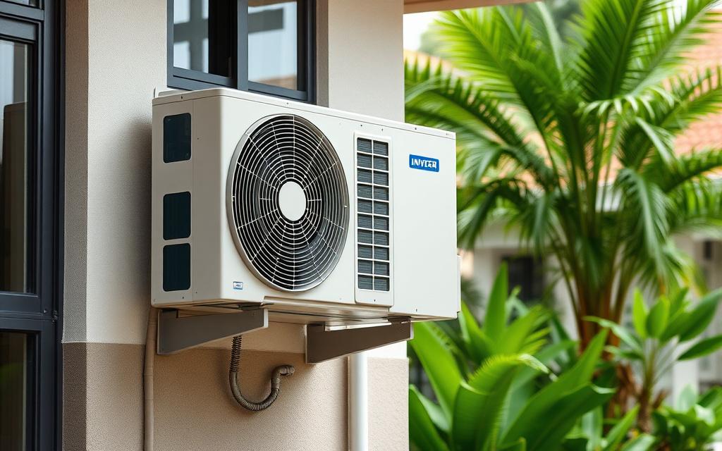 Modern inverter condenser unit mounted outside a Malaysian home