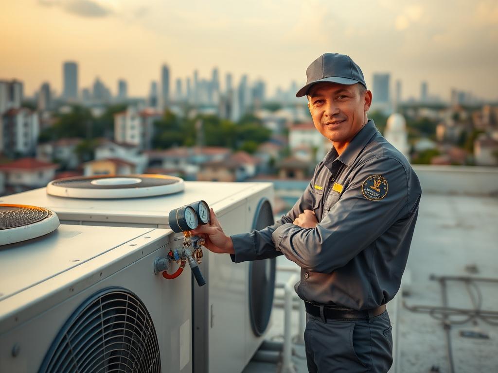 Bikecraft technician checking refrigerant pressures on a rooftop condenser unit